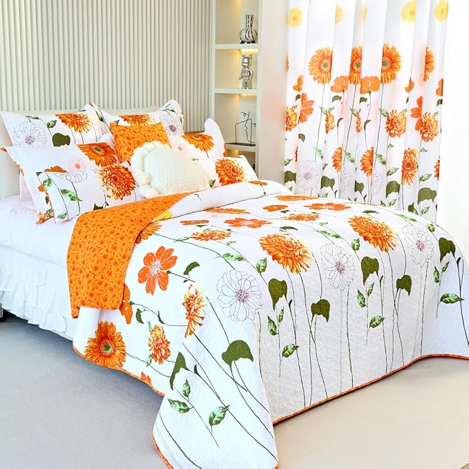 EVENHUG 100% Cotton Quilt King Size Orange Sunflower Bedding Set Floral - Image 5