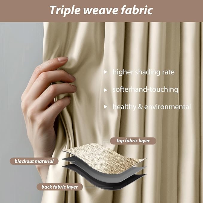 Room Divider Curtains with Ceiling Curtain Track Set Window Curtain for Bedroom,Living Room Total Blackout Thermal Insulated Privacy Ceiling Track Curtain W 12 × H 9 FT Beige drape&Black track