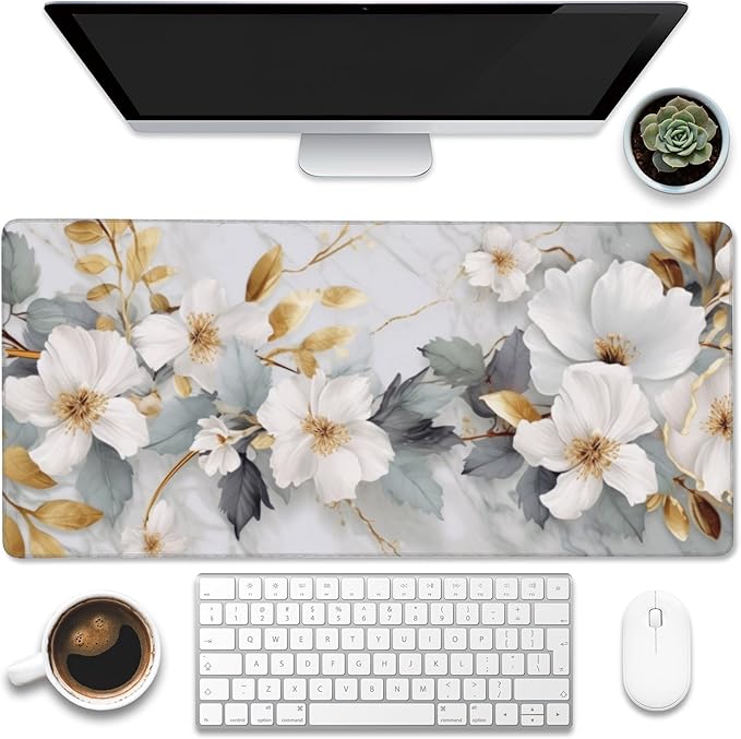 Eflxamz Desk Mat,White Gold Marble Desk Pad,White Flowers Golden Leaves Large Gaming Mouse Pad for Desk,Extended Big Computer Keyboard Mouse Pad with Non-Slip Base and Stitched Edge,35.4"x15.7"