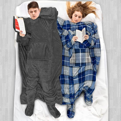 PAVILIA Fleece Blanket with Sleeves, Foot Pockets for Women Men Adults, Plush Wearable Blanket Throw Wrap, Warm Snuggle Blanket Robe, Cozy Gift Ideas Wife Mom, Dark Gray