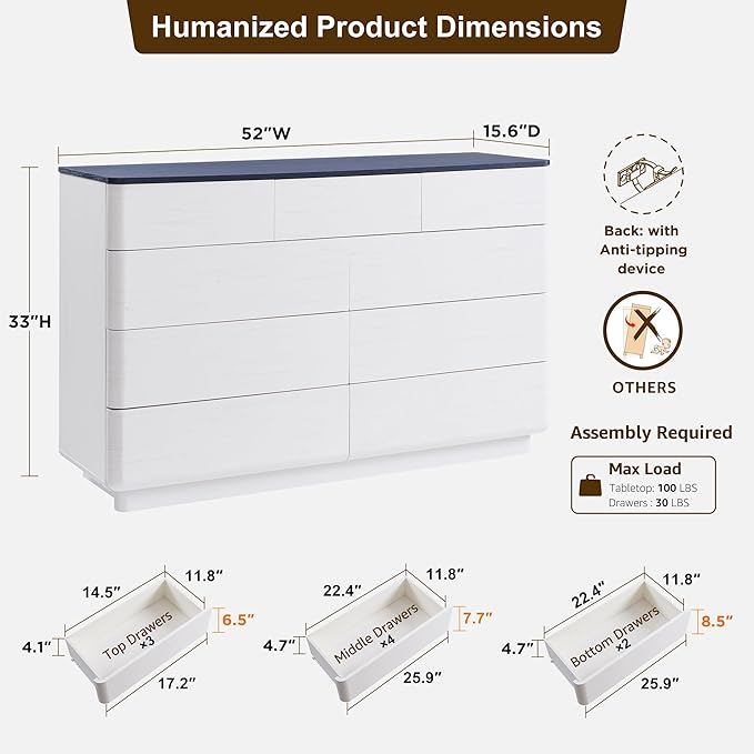 ACCOHOHO Modern 9 Drawer Dresser for Bedroom, 52" Wide Wooden Dressers with Large Storage,Handleless Chest of Drawers TV Stand for Living Room & Hallway, Curved Profile Design, White