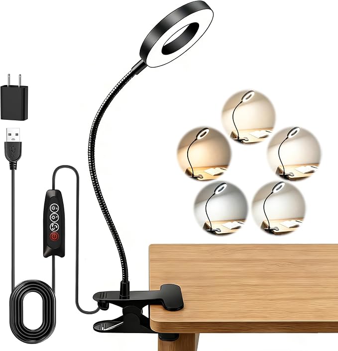 Akynite Desk Lamp Clip on Light, 48 LED Clamp Lamp, 5 Color 10 Brightness | USB by AkyniteLighting