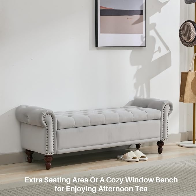 SOFTHION 58.1" Storage Bench for Bedroom, Velvet Upholstered, Light Grey | End - Image 7