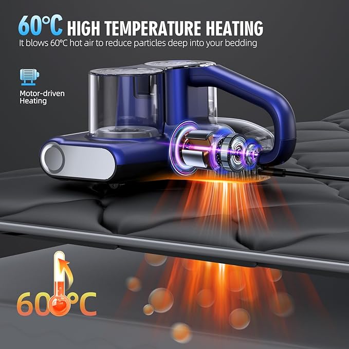 JPHYLL Mattress Vacuum Bed Vacuum Cleaner 16Kpa Suction 253.7nm UV-C Light, 140°F Heated Air, 30000 RPM Brushroll, Ultrasonic, HEPA Filter, Handheld Vacuums for Carpet/Sofa, 500W Corded, (Light Blue)