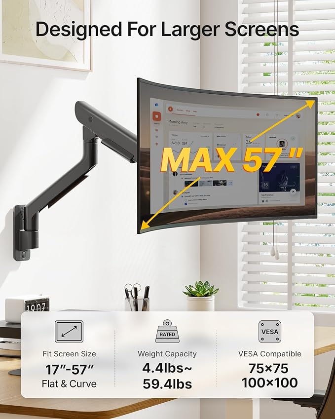 monTEK Heavy-Duty Single Monitor Wall Mount for 17-57” Ultrawide Screens up to 59.4lbs, Premium Aluminum Wall Mount Monitor Arm with Full Motion Adjustment, Pneumatic Lift, Max VESA 100x100