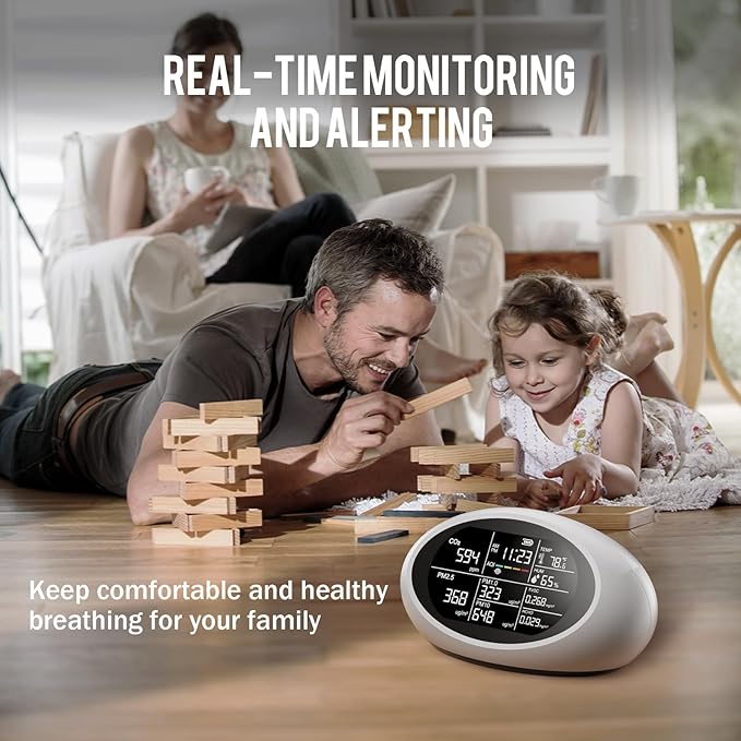 18 in 1 Air Quality Monitor Indoor, Portable CO2 Detector for CO2, Temperature (°F), Humidity, VOC, PM2.5, PM1.0, PM10 & Time Display, 【Dual Chip & High Accuracy】 Air Quality Tester for Home