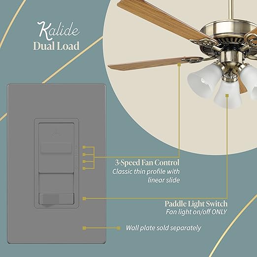 TOPGREENER Kalide Light Switch and 3-Speed Ceiling Fan Control Combo, in Wall Light and Fan Combination Switch, Single Pole, 2.5A, 720W, Neutral Wire Not Required, TGSFS3-GY Gray (Grey)