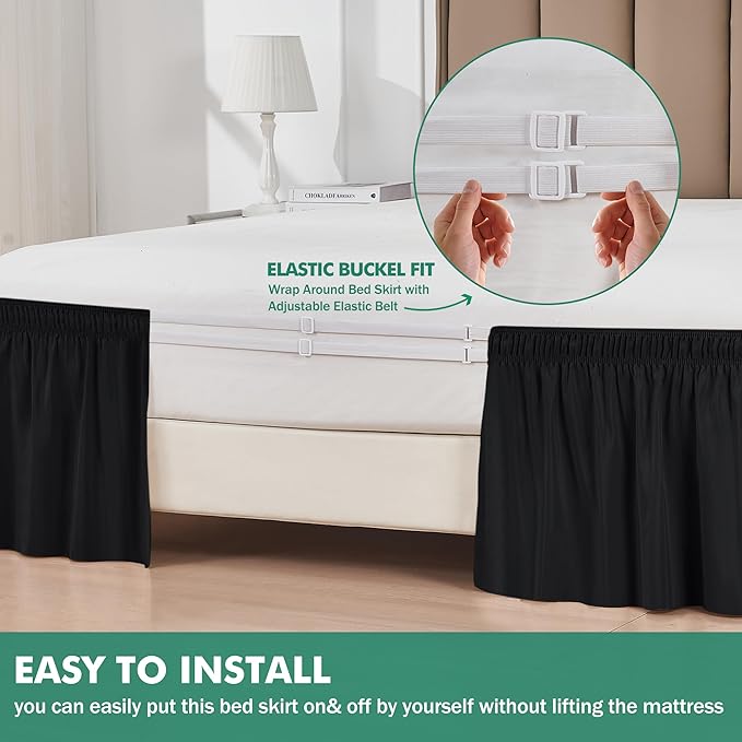 Biscaynebay Wrap Around Bed Skirts with Split Corners for King Beds 14" Drop, Black Elastic Dust Ruffles Adjustable Easy Fit Wrinkle & Fade Resistant Silky Luxurious Fabric Machine Washable