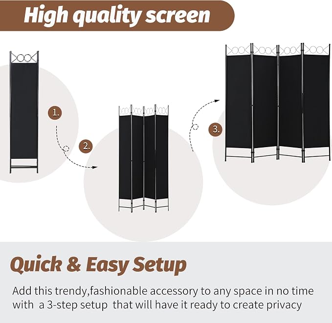 FDW 4-Panel Folding Room Divider | 6ft, Coal Black | Light & Portable | - Image 4
