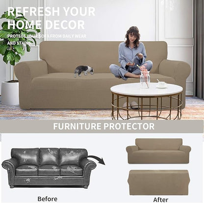 Easy-Going Stretch 4 Seater Sofa Slipcover 1-Piece Sofa Cover Furniture Protector Couch Soft with Elastic Bottom for Kids, Polyester Spandex Jacquard Fabric Small Checks Natural