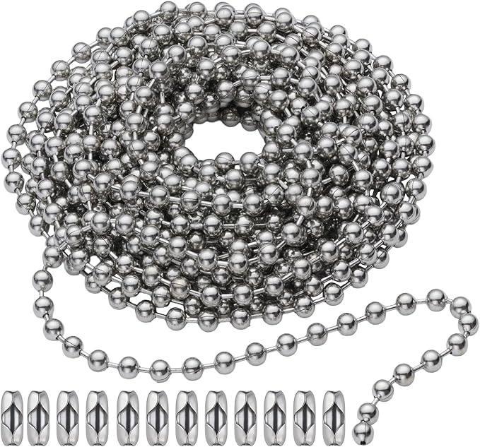 SmoTecQ 10 Feet (120 Inch) Ceiling Fan Pull Chain Extension - Nickel Plated Silver - 3mm Beaded Ball Chain with 12 Connectors - Rust Proof Solid Brass for Light Fixtures & DIY Crafts