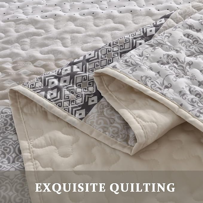 WONGS BEDDING Beige Quilt King Size, 3 Pieces Boho Stripe Bedspread | Patchwork - Image 7