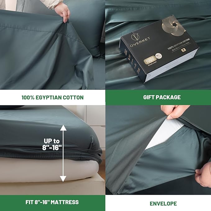 100% Egyptian Cotton Sheets Cal King Sheet Set 1000 Thread Count Sateen Weave Soft Breathable 16-Inch Deep Pocket 4PCS（California King,Lake Blue）