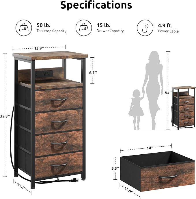 Lazzanto Night Stand with Charger Station, 4 Fabric Drawers, Bedside Table - Image 2