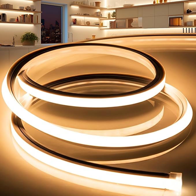 VOEWT LED Strip Lights Warm White 3000K,32.8ft 110-120V Neon Rope Lights,Flexible Silicone Outdoor Waterproof Neon Strip Lights for Bedroom,Mirror,Kitchen Cabinet, Living Room,Halloween Decor