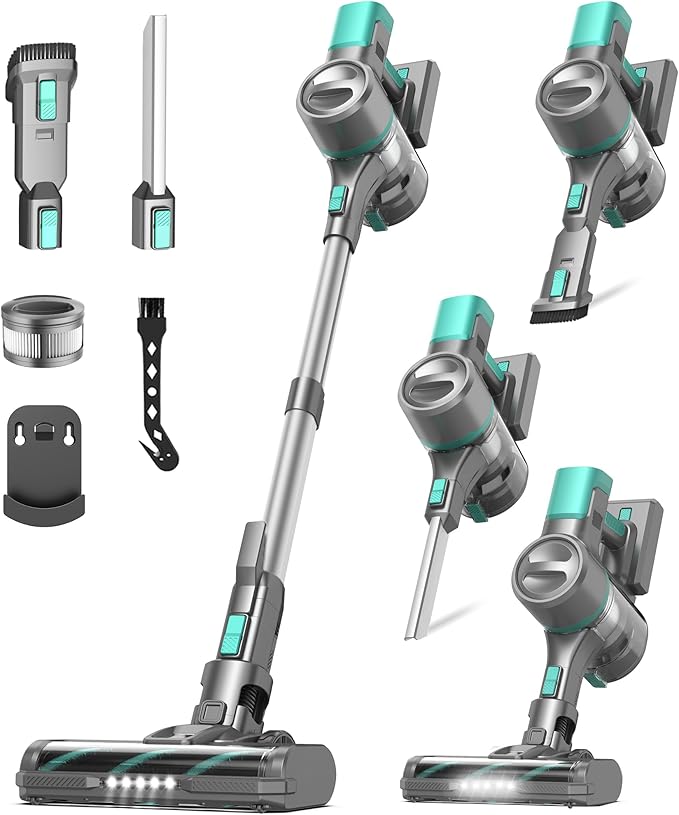 Yassol S10K Cordless Vacuum Cleaner, 55Kpa 60mins Lightweight Stick Vacuum with Powerful Suction for Home, Rechargeable, Self-Standing, Handheld Vacuum Cleaners for Hardwood Floors, Carpets, Pet Hair