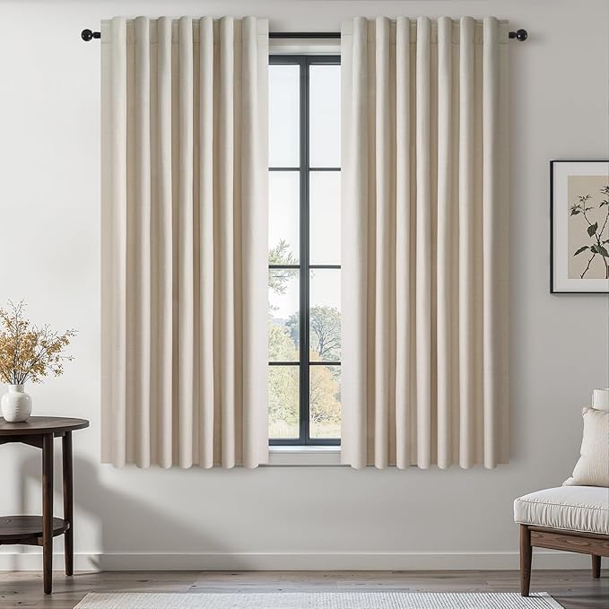 Topfinel Beige White Linen Blackout Curtains 63 Inches Long 2 Panels by Topfinel