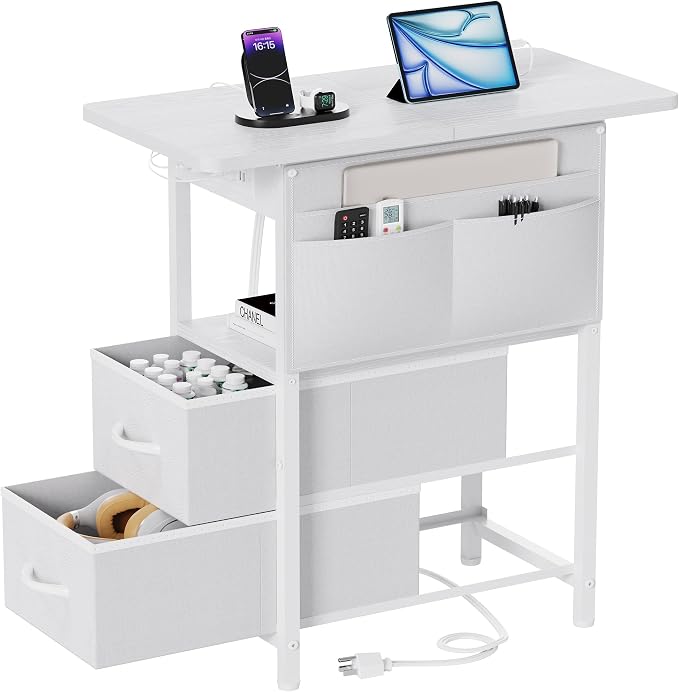 Yenlure Small Side Table with Charging Station, Narrow Nightstand Bedside by CREATEDFORSMARTHOMES