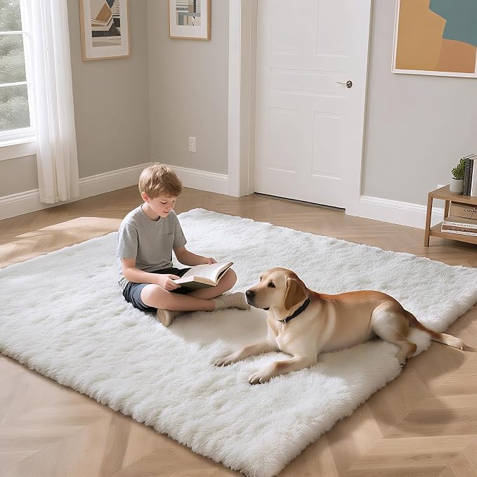 White 8x10 Area Rugs for Living Room, Fluffy Shag Rug Large Bedroom Carpet | - Image 4