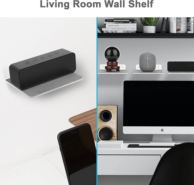 TXEsign Wall Shelves - 2 Pack, Small Wall Mount for Speaker, Webcam, Cell Phones, Display Shelf (Silky White & Transparent, Medium)