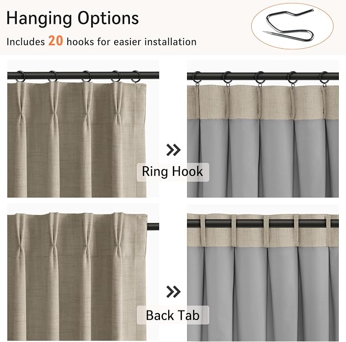 Pinch Pleated Full Blackout Faux Linen Curtains 102 Inches Long | Grey Beige - Image 3
