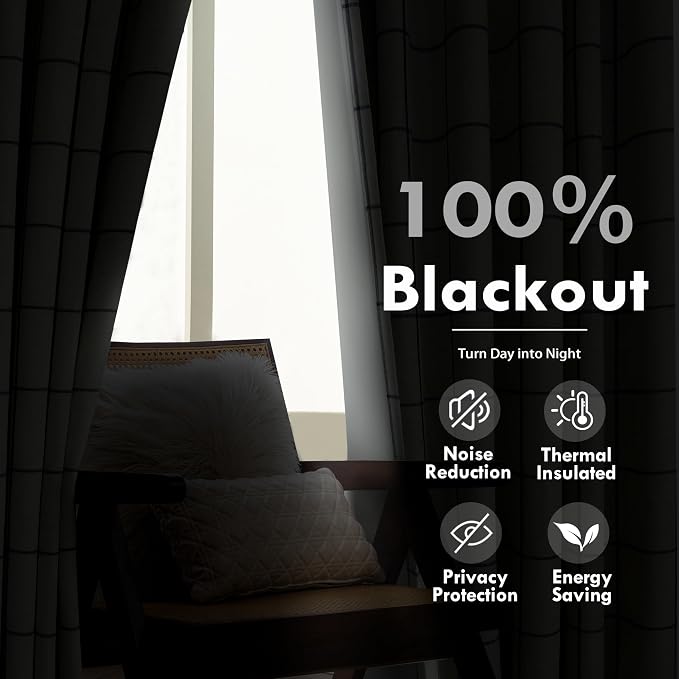 DriftAway 100% Blackout Plaid Linen Curtains 96 Inches Long 2 Panels Gray | - Image 6