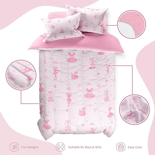 SANDJEST Ballerina Comforter Set Full Size 98x86in for Kids Girls, Microfiber 4 Pcs Bedding Set Includes 1 Comforter, 2 Pillowcases, 1 Fitted Sheet, Nursery Room Decor