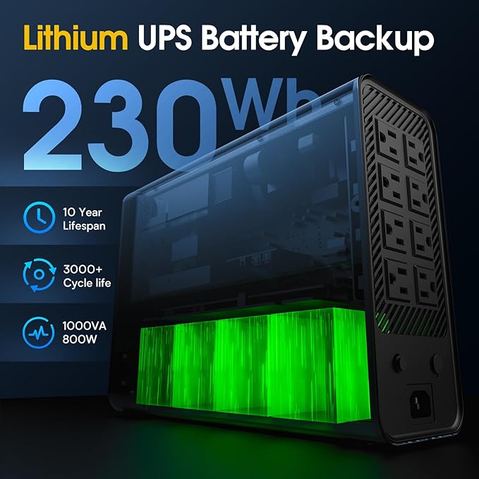 GOLDENMATE 1000VA/800W Lithium UPS Battery Backup and Surge Protector, Backup Battery Power Supply with LiFePO4 Batteries(230.4 Wh), Sinewave UPS System, 10 Years Lifespan, 8 Outlets, LCD Display