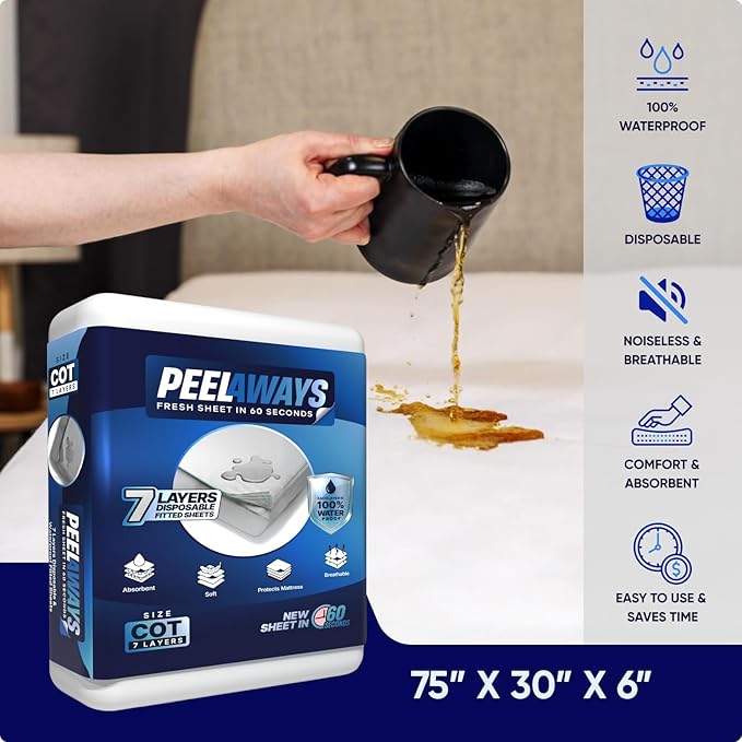 Peelaways Waterproof Disposable Bed Sheets – As Seen On Shark Tank | 7-Layer Absorbent Wellness Sheets for Elderly, Homecare, Hospital Use and Travel