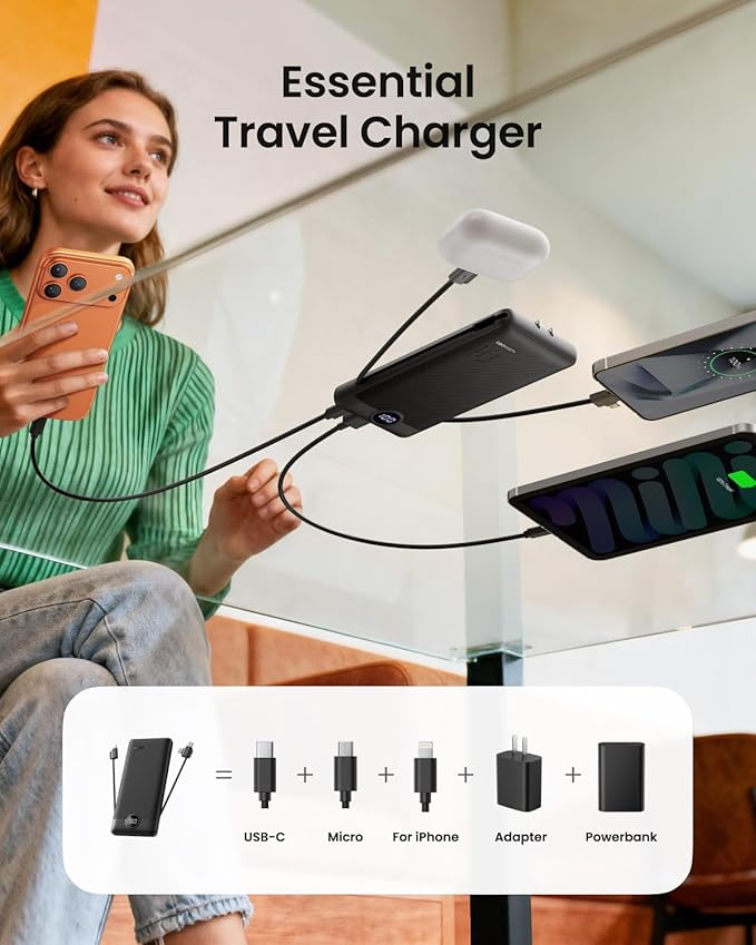 Coowisty Portable Charger with Wall Plug, Slim USB C Power Bank with Built-in Cables, 10000mah LED Display External Battery Pack Compatible with iPhone/Android & More (Black)