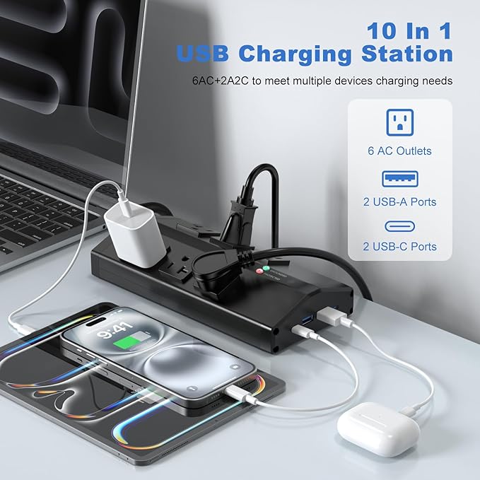 JUNNUJ Heavy Duty Surge Protector Power Strip with 6 Plug 4 USB Ports, 20 Amp 12 Gauge 6 FT Extension Cord with Multiple Outlets. Metal Wall Mount Outlet Extender for Garage Industrial Shop