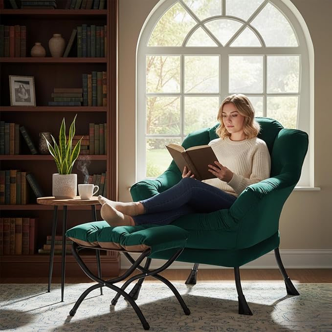 Welnow Lazy Chair with Ottoman, Reading Chair with Footrest, Dark Green | A - Image 2