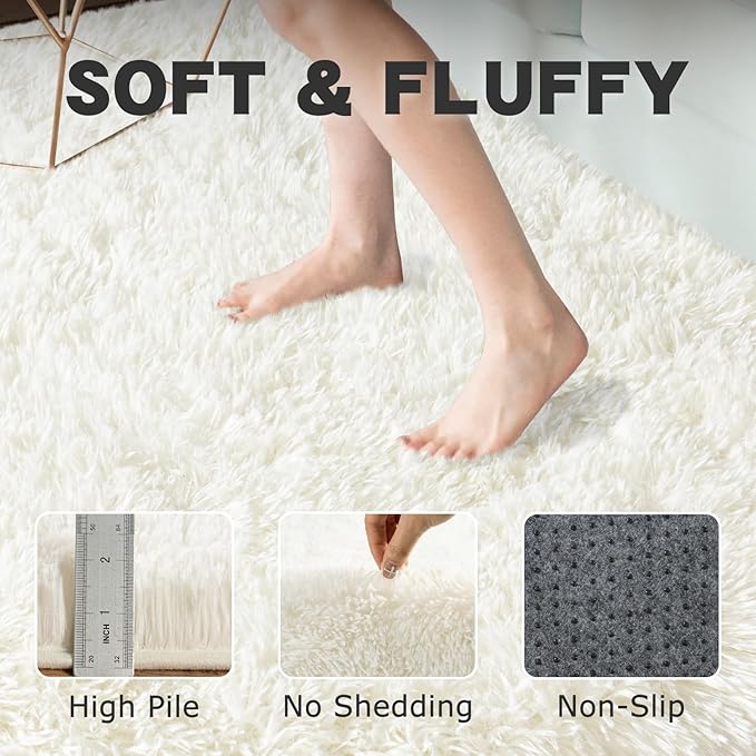 Round White Rug for Bedroom, 4 ft Circle Area Rugs for Living Room, Soft Fluffy Shag Carpet for Teen Girls Boys Nursery Room Dorm Home Decor Aesthetic