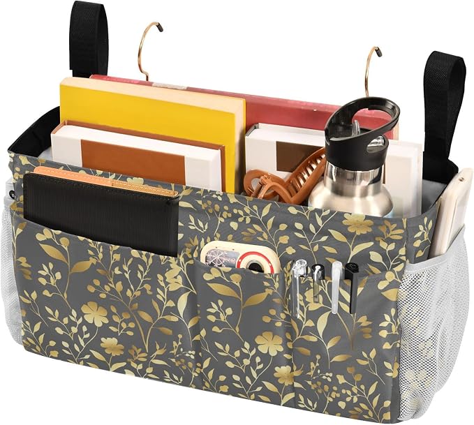 Gold Floral Gray Bedside Caddies Bedside Caddy Storage Bag - Image 3