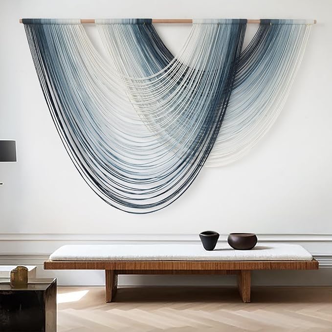 Macrame Wall Hanging Large handmade Navy Blue Ombre Fiber Art 57"W*39"L | - Image 3