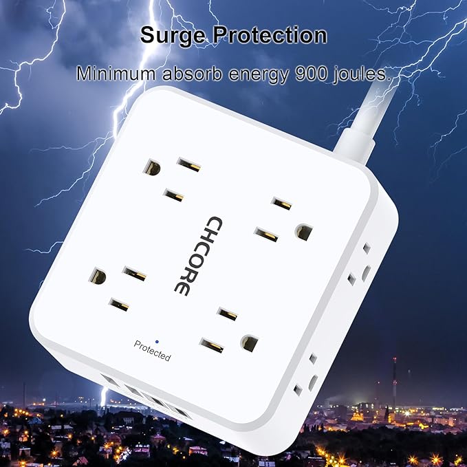 10Ft Surge Protector Power Strip - CHCORE Flat Plug Extension Cord with 8 Outlets and 4 USB Ports(2 USB C), 3 Side Wall Mount Outlet Extender for Home Dorm Room Essentials, ETL Listed, White