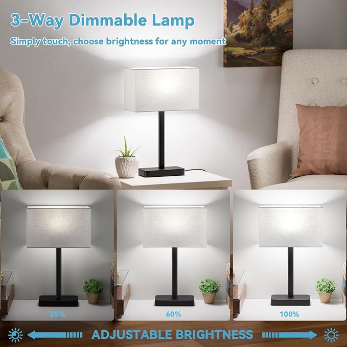 Touch Lamps for Bedroom, 3 Way Dimmable Grey Bedside Table Lamps Set of 2 | USB - Image 2