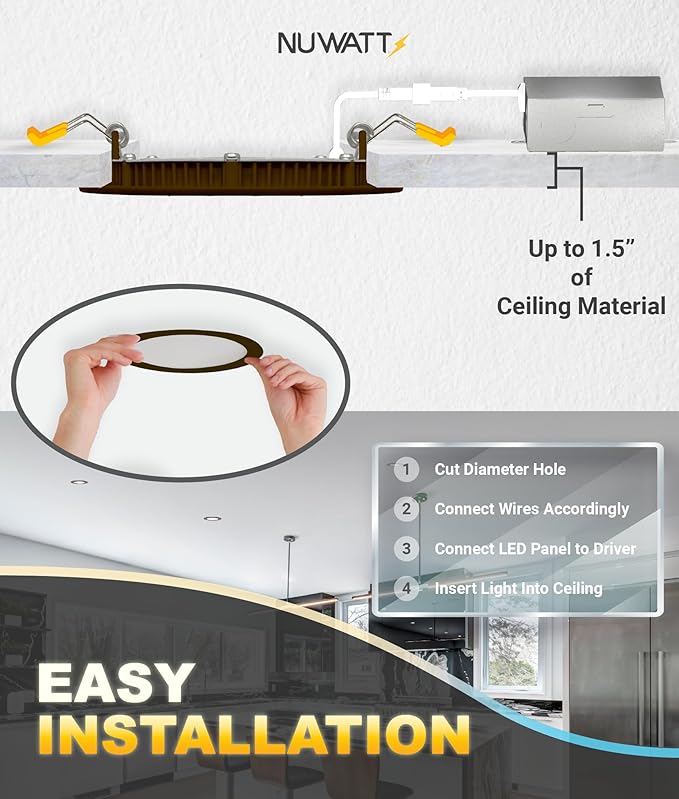 NUWATT 6 Pack 4 Inch Ultra-Thin Bronze LED Recessed Lighting, 5CCT 2700K/3000K/3500K/4000K/5000K Selectable, 630 Lumens, IC Rated, Dimmable Canless Wafer Light, Slim Panel Light, Metal J-Box, ETL