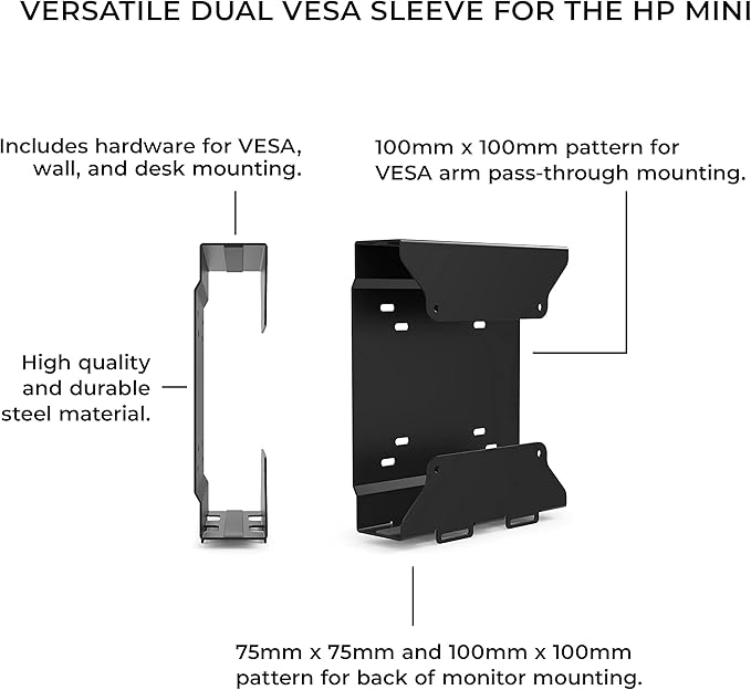 HumanCentric VESA Mount Compatible with HP Desktop Mini, HP ProDesk Mini, HP EliteDesk Mini, Replaces Dual VESA Sleeve for Mini Desktops v3, Mount on an Arm, Under Desk or Wall, 75x75mm, 100x100mm