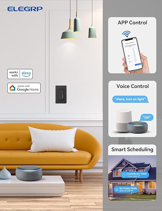 ELEGRP Smart Dimmer Light Switch DTR30, Single Pole or 3 Way, 2.4GHz Wi-Fi Touch Dimmer Compatible with Alexa/Google Assistant, Needs Neutral Wire, No Hub Required, UL and FCC Listed, Black, 6 Pack