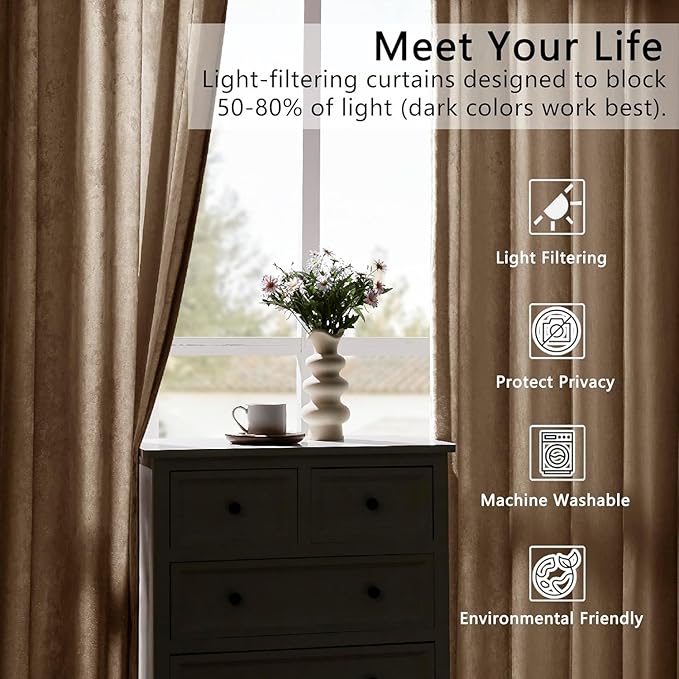 SMILETIME Amber Beige Crushed Velvet Curtains 52x84 inch Luxurious Thermal Insulated Soundproof Drapes for Living Room Bedroom Office Soft and Durable Light-Filtering Window Treatments, 2 Panels