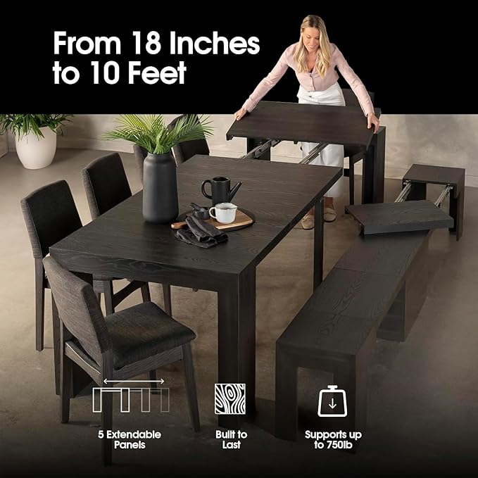 Transformer Table - Solid Wood Extendable Dining Table, Seats 2-12, Extendable Dining Room Table, Space-Saving Furniture, Expandable Dining Furniture (Black, Table + 2 Benches)