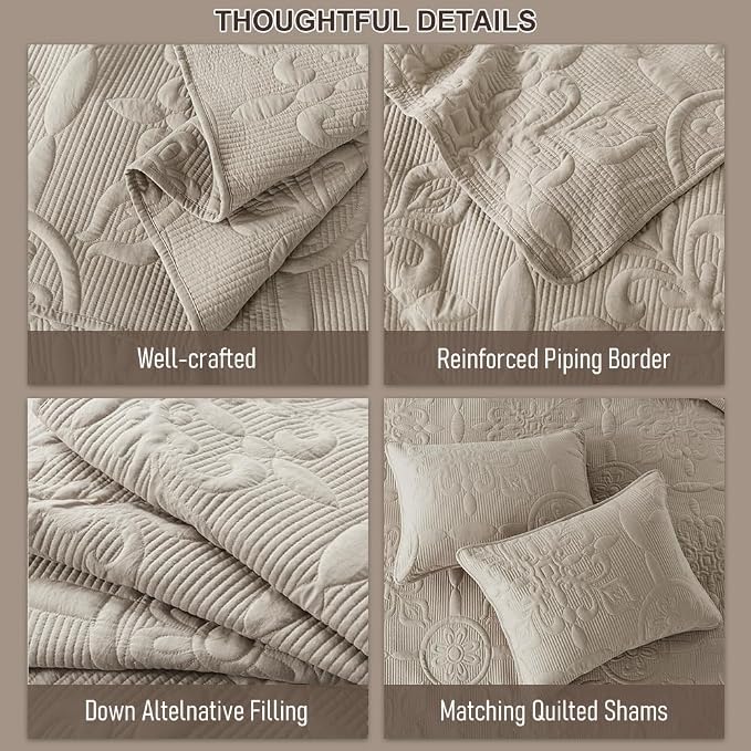 B2EVER Beige Damask Quilt King Size Bedding Sets - Image 6
