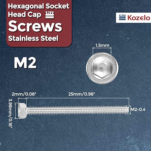 Kozelo 100pcs Socket Head Cap Screws - [M2-0.4 x 25mm] 304 Stainless Steel Allen Socket Drive for Electrical Motor 3D Printing Fan Engine Replacement Use, Silver