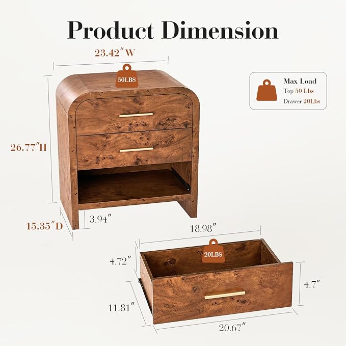 Night Stand Set of 2, 3-Drawer | Nightstand 26.7"H Metal Handle Modern Bedside - Image 6