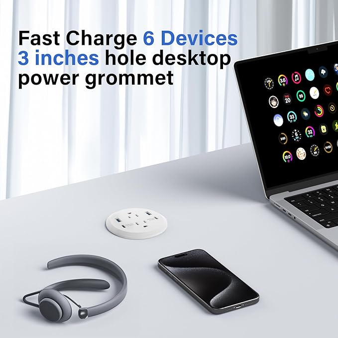 Desktop Power Grommet, 65W USB C Fast Charging, Flush Mount Recessed Power Strip 3-Inch Hole, 2 Outlets, 4 USB Ports, Countertop Outlet (White)
