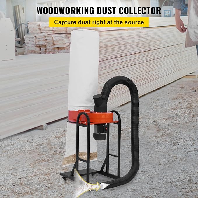 VEVOR 1.5 HP Dust Collector, 716 CFM, Portable Vortex Dust Collector, with 47 Gallon Collection Bag and Mobile Base, 120V, 3400 RPM, 5μm Canister Filter Kit, for Woodworking Dust Collection System