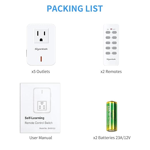 Syantek Remote Control Outlet Wireless Light Switch for Household Appliances, Expandable Remote Light Switch Kit, Up to 100 ft Range, White (5 Outlets + 2 Remotes)