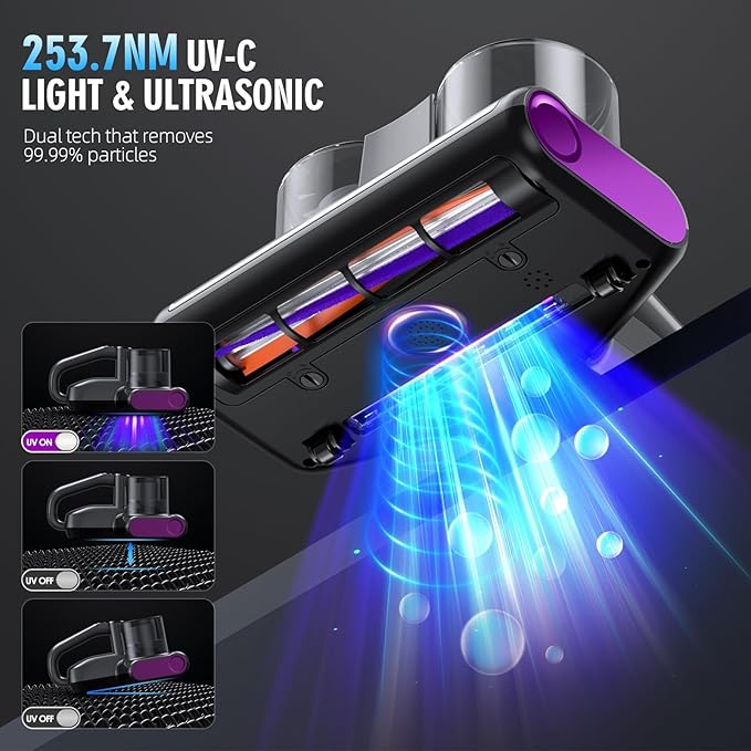JPHYLL Mattress Vacuum Bed Vacuum Cleaner 16Kpa Suction 253.7nm UV-C Light, 140°F Heated Air, 30000 RPM Brushroll, Ultrasonic, HEPA Filter, Handheld Vacuums for Carpet/Sofa, 500W Corded, (Dark Gray)