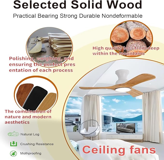 Gaizw 42 Inch Low Profile Ceiling Fans with Lights and Remote, Flush Mount Ceiling Fan with Light, 3 Blades Solid Wood Easy Installation for Living Room, Bedroom, Farmhouse, Indoor